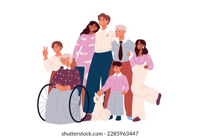 Big old family. happy cartoon people characters with mother, children, grandfather and son. Flat vector isolated illustration