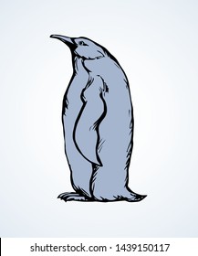 Big old fat Spheniscidae logotype standing on light snow backdrop. Bright color dark ink hand drawn pictogram logo emblem sketchy in art retro style. Closeup side view with space for text on blue sky