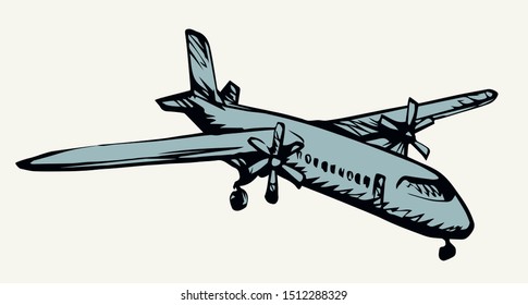 Big old flying ship model picture on light backdrop. Freehand outline black ink hand drawn charter craft web logotype emblem design in retro art doodle style pen on paper text space. Close up top view