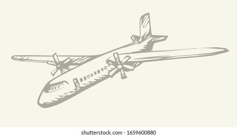 Big old flying ship model picture on light backdrop. Freehand outline black ink hand drawn charter craft web logotype emblem design in retro art doodle style pen on paper text space. Close up top view