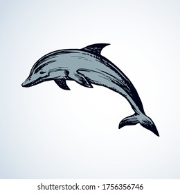 Big old fun cheerful cetacean breach on light backdrop. Outline dark ink hand drawn funny pet pictogram logotype emblem sketchy in art retro engrave doodle style pen on paper space for text. Side view