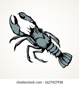 Big old grey anthropod panulirus mudbug set on white text space. Line black ink color hand drawn river fish zoo pictogram logo emblem insignia design in art doodle retro etch print style. Closeup view