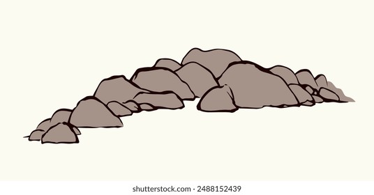 Big old hard rough grey arid block cliff crag mount range line white blank sky text space scene backdrop. Close up scenic view outline dark black pen hand drawn park pool art doodle retro style design