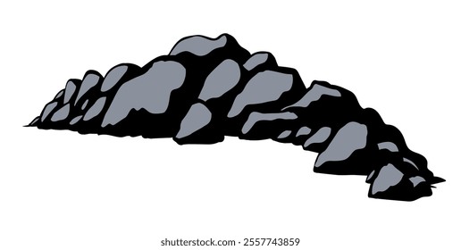 Big old hard rough grey arid block cliff crag mount range line white blank sky text space scene backdrop. Close up scenic view outline dark black pen hand drawn park pool art doodle retro style design