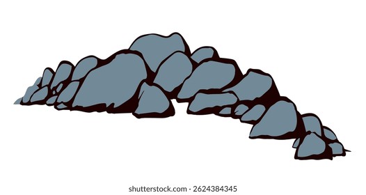 Big old hard rough grey arid block cliff crag mount range line white blank sky text space scene backdrop. Close up scenic view outline dark black pen hand drawn park pool art doodle retro style design