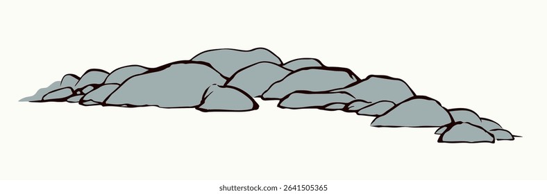 Big old hard rough grey arid block cliff crag mount range line white blank sky text space scene backdrop. Close up scenic view outline dark black pen hand drawn park pool art doodle retro style design
