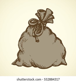 Big old heavy cloth packet isolated. Outline ink hand drawn picture sketch in retro doodle style with space for text