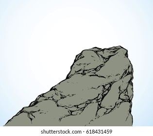 Big old heavy grey height hilltop up site ridge. Freehand outline ink hand drawn picture object sketchy in art doodle retro style pen on paper. Scenic view with space for text on white sky backdrop