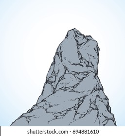 Big old heavy grey height hilltop up site ridge. Freehand outline ink hand drawn picture object sketchy in art doodle retro style pen on paper. Scenic view with space for text on white sky backdrop