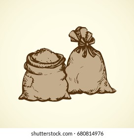 Big old heavy retro hessian cloth sac pouch packet isolated on white backdrop. Freehand outline ink hand drawn picture sketch in art vintage doodle style pen on paper and space for text on label