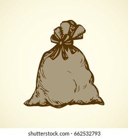Big old heavy twine bound hessian cloth sac pouch packet isolated on white backdrop. Freehand outline ink hand drawn picture sketch in art retro doodle style pen on paper with space for text on label