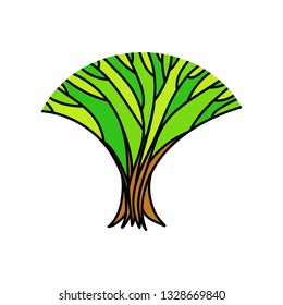 Big old lonely tree with fresh green foliage, spring illustration, vector