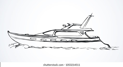 Big old naval dinghy gaff on river wave backdrop. Freehand outline black ink hand drawn racing drive logo emblem sketchy in art modern scribble style pen on paper. Side view with space for text on sky