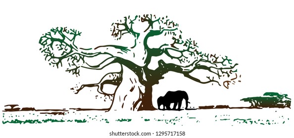 big old oak tree under which a family of elephants grazes on a white background