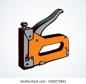 Big old pin join craft device on white table desk space for text. Bright orange color drawn job flat object logo emblem pictogram insignia sketchy in art doodle cartoon style. Close up side macro view