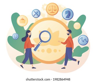 Big old rare collectible coin. Numismatics. Tiny people numismatists collect, selling or buying ancient coins. Hobby or profession. Modern flat cartoon style. Vector illustration on white background