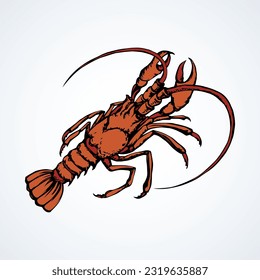 Big old red anthropod panulirus mudbug set isolated on white background. Bright orange color hand drawn logo pictogram sketchy in art cartoon retro style. Closeup view with space for text