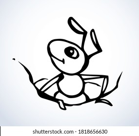 Big old smile Formicidae pest crawl climb outside mound under dirt dig heap rock outline hand drawn dark brown logo design. Doodle retro art kid comic style сlose up detail macro view light text space