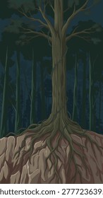 Big old tree with creeping roots and thorny vines on a stone ledge against a gloomy woods background, flat cartoon vector art.
