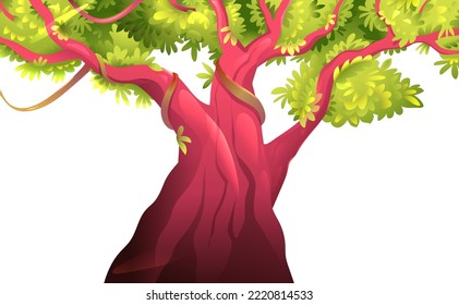 Big old tree with green leafy crown, view from the bottom in perspective. Artistic nature woods or jungle drawing of a big tree alone background. Isolated clipart illustration in watercolor style.