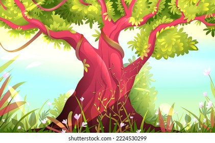 Big old tree with green leaves and branches in sunny park or forest, summer scenery. Artistic nature or jungle drawing, bright and colorful wallpaper. Artistic Illustration in watercolor style.