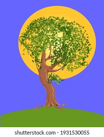 Big old tree on a hilltop at sunrise. Vector illustration.