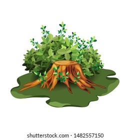 Big  old tree  stump with roots and  grass on the green lawn .Wood industry raw materials.Vector illustration in cartoon style.
