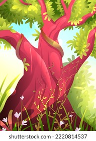 Gran tronco de árbol antiguo con hojas verdes en parque o bosque, soleado paisaje de verano. Naturaleza artística y dibujo de la jungla, fondo verano colorido y brillante. Ilustración artística al estilo acuarela.