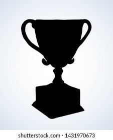 Big old ui rank won player status vase isolated on white backdrop. Dark black ink hand drawn logo emblem insignia pictogram in art retro contour engraved print style on paper text space. Closeup view