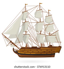 Big Old Wooden Historical Sailing Boat On White. With Sails, Mast, Brown Deck, Guns. Nice Illustration Of Galleon. Training Corvette Ship For Pirate - Flatten Icon Isolated Illustration Master Vector