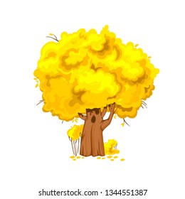 Big old yellow autumn tree, vector flat cartoon illustration isolated on white background, fallen leaves, leaf