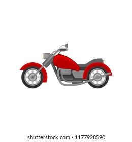 Big old-school motorcycle, side view. Red vintage motorbike. Flat vector element for advertising poster or banner