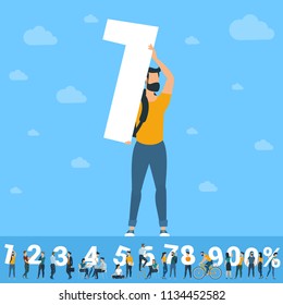 Big One number. White numbers  illustration with  young people with  tablets and smartphones and computers sending and sharing  social media posts. Flat design vector concept over sky background.