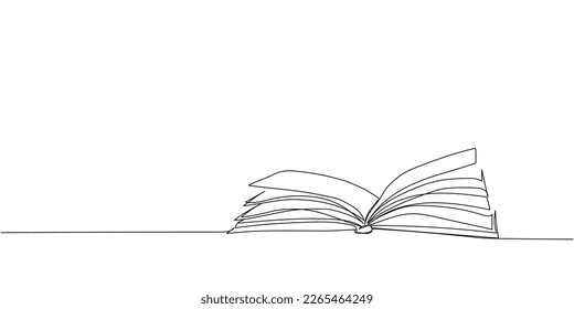 Big open book, album one line art. Continuous line drawing of book, library, education, school, study, literature, paper, textbook, knowledge, read, learn, page, reading.