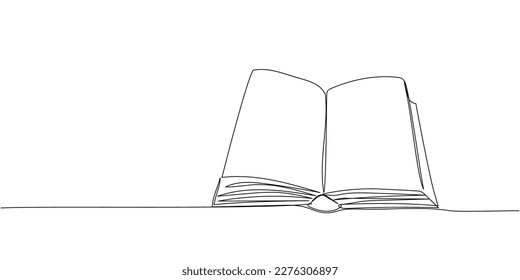 Big open book, novel one line art. Continuous line drawing of book, library, education, school, study, literature, paper, textbook, knowledge, read, learn, page, reading.