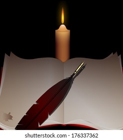 a big open book with a pen and a lighted candle