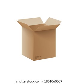 Big open cardboard box isolated on white background - realistic packaging mockup of brown paper package with shipping parcel icons. Vector illustration.