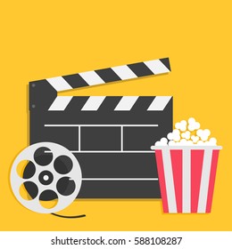 Big Open Clapper Board Movie Reel Popcorn Cinema Icon Set. Flat Design Style. Yellow Background. Vector Illustration