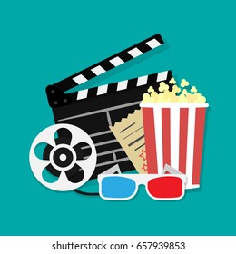 Big open clapper board Movie reel Cinema icon set. Movie and film elements in flat design.flat icons with film reel, popcorn, 3d glasses, clapperboard. Vector illustration. 