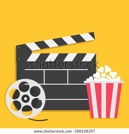 Big open clapper board Movie reel Popcorn Cinema icon set. Flat design style. Yellow background. Vector illustration