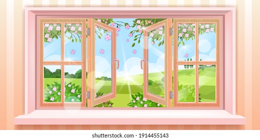 Big open home window vector illustration with nature spring outdoor view, flowers, branches, sunlight. Rural countryside scene with wooden sashes, hills, trees, bushes. Open glass window, walls, sill