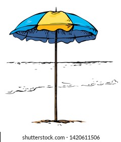 Big open hotel canopy stand on light pool space for text. Bright color hand drawn tropic trip seashore hot camp picnic tan fold tent object logo emblem pictogram sketchy in art retro doodle style