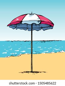 Big open hotel canopy stand on light pool text space. Bright color hand drawn tropic trip seashore hot camp picnic tan fold tent object logo emblem pictogram sketchy in art retro doodle print style