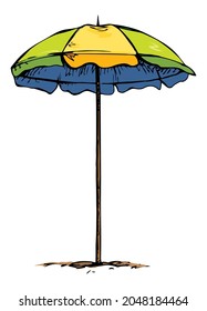 Big open hotel canopy stand on light river lake pool text space. Bright color hand drawn tropic trip seashore hot camp picnic tan fold tent object logo emblem pictogram design retro art doodle style
