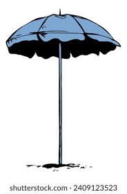Big open hotel canopy stand on light pool space for text. Outline black ink hand drawn tropic trip seashore hot camp picnic tan fold tent object logo emblem pictogram sketchy in art retro doodle style