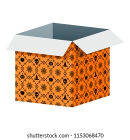 Big open orange box template with Halloween pattern. Packaging for gifts, parcels, various goods. Flat vector cartoon illustration. Objects isolated on a white background.