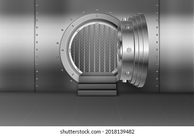 Big open safe door. Realistic vector