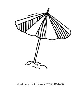 Großer offener Regenschirm auf Sand. Outline handgezeichnete Doodle-Clipart einzeln auf weißem Hintergrund. Linie, Vektorgrafik, Simbol für den Urlaub am Meer