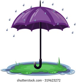 Big opened purple umbrella in the rain on the grass - eps10 vector cartoon illustration