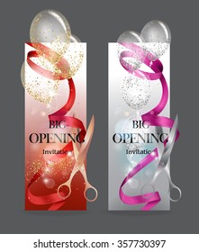 Big opening banners with transparent air balloons, scissors and ribbons